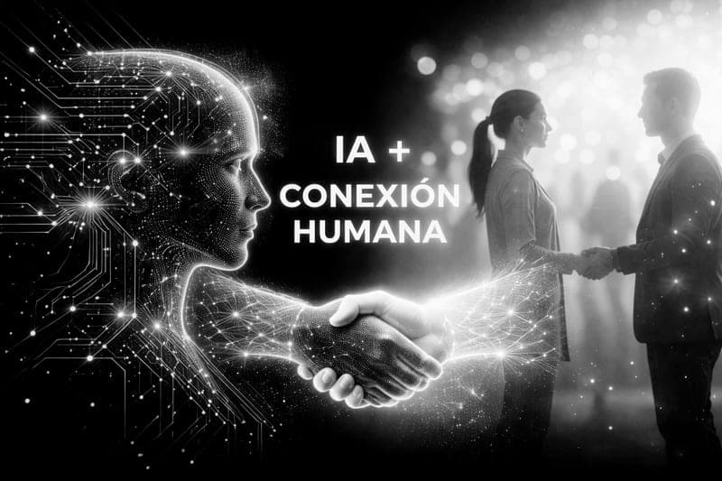 Ilustración de una figura digital que estrecha la mano de una persona, con el texto «IA + conexión humana»